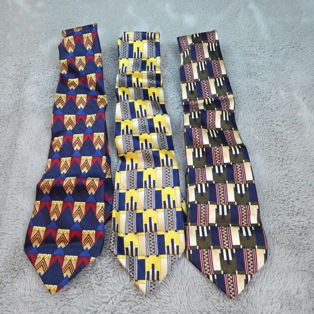 Lamberti Silk Necktie Mens OS Geometric Abstract Art Deco Lot of 3 Multicolor‎
